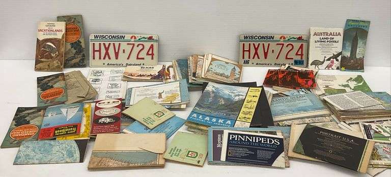 Large Collection of Vintage Travel Brochures, Maps and Two License Plates image