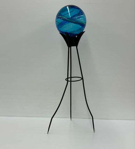 Blue Glass Gazing Ball on Metal Stand image