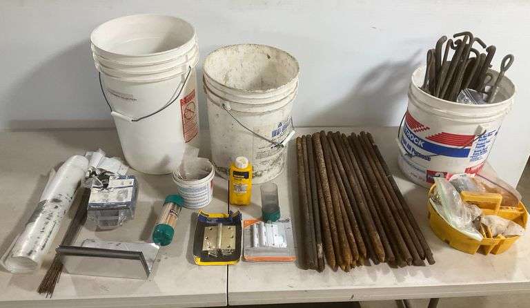 Assorted Construction and Building Materials, Metal Posts, Hardware, and More image