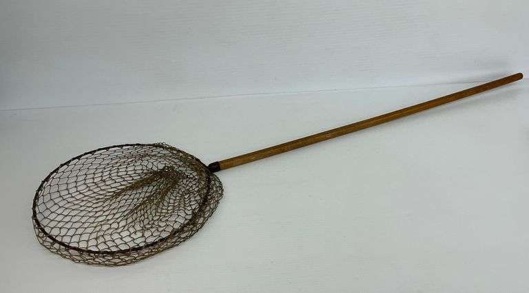 Vintage Long Handled Fishing Net with Wooden Handle image