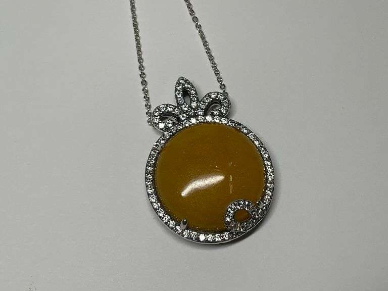 Sterling Silver, 22mm Cabochon Yellow Jade & Multi CZ Gem 2 in. Pendant...18 in. Necklace image