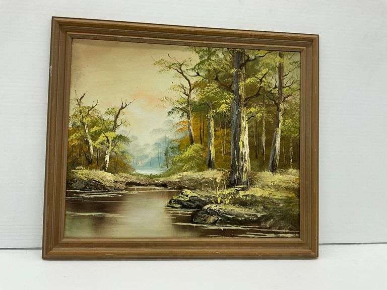 Framed Oil Painting of Forest River Landscape image