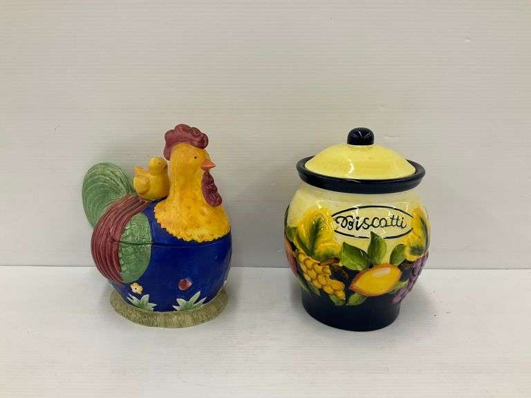 Two Ceramic Cookie Jars: Rooster and Biscotti Fruit Design image