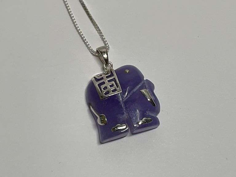 Sterling Silver Art Carved Lavender Jade 1 in. Elephant Pendant...18 in. Boxlink Necklace image