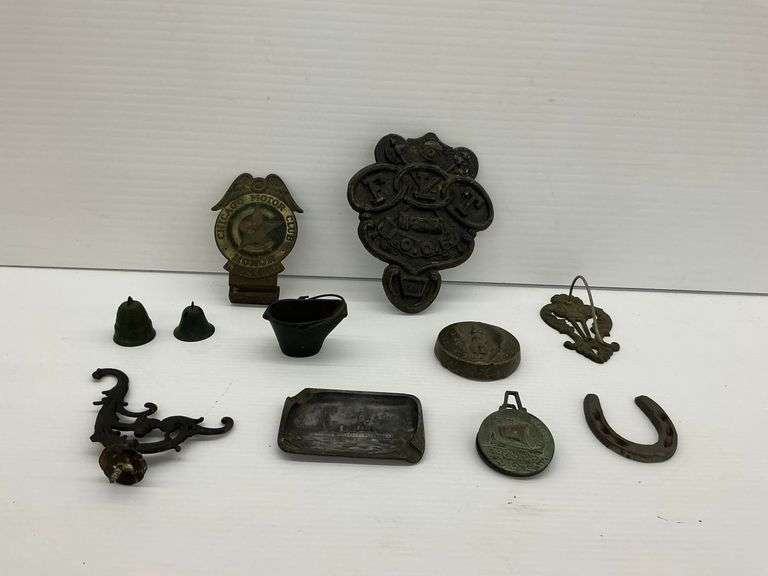 Assorted Metal Collectibles - Chicago Motor Club, Ship Ashtray, Bells, Horseshoe, and More image