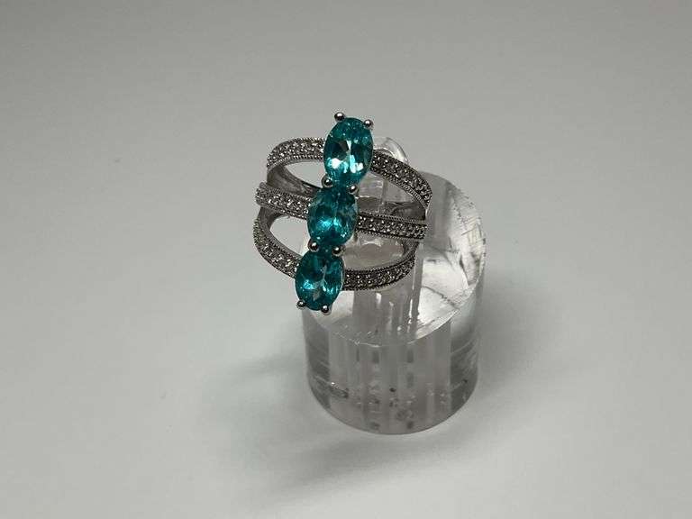 Sterling Silver Triple Gemstone Statement Ring with Pave Accents...Size 5 image