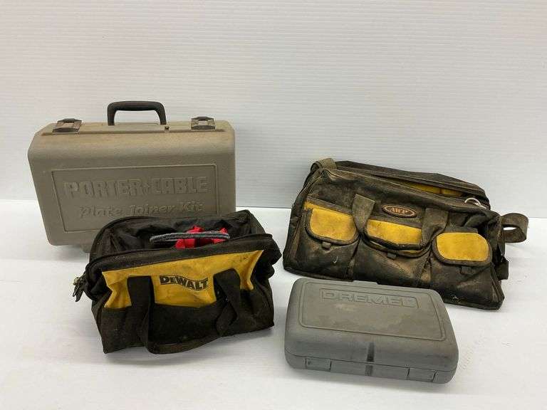 Tool Lot with Tool Bags and Cases: DeWalt, AWP, Dremel, and Porter Cable image