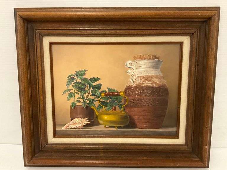 Original Framed Still Life Oil Painting by Prible - Earthtones and Green image