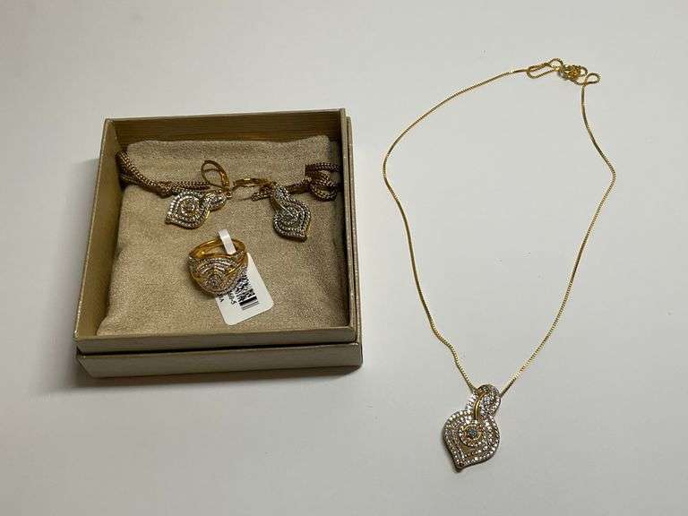 JTV Emulous .25CTW Diamond 14K Yellow Gold over Brass Ring, Earrings, and Pendant Set image