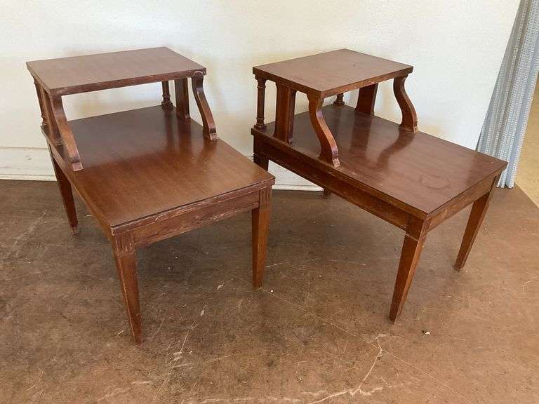 Pair of Woodern Tiered Side Tables... have wear/see photos image