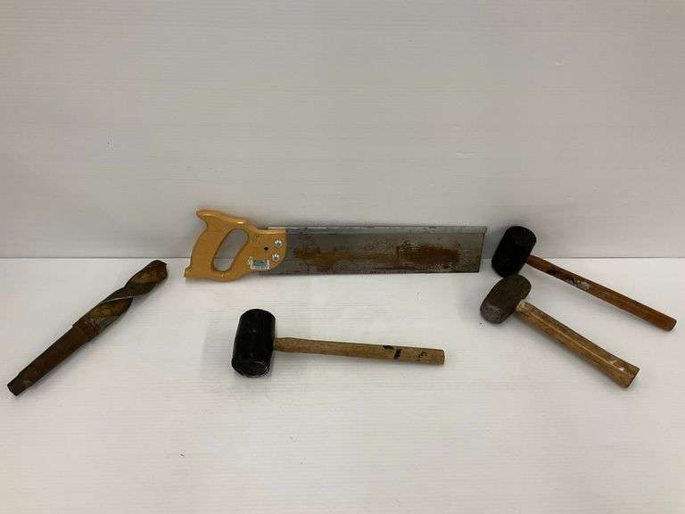 Hand Saw, Drill Bit, and Hammer image
