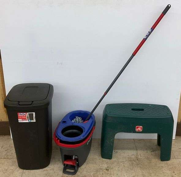 Hefty Touch Lid Trash Can, O-Cedar Spin Mop, and Plastic Step Stool image