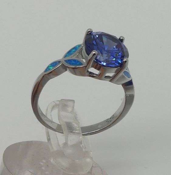 Sterling Silver Ring with Blue Stone and Inlay Opal Accents image