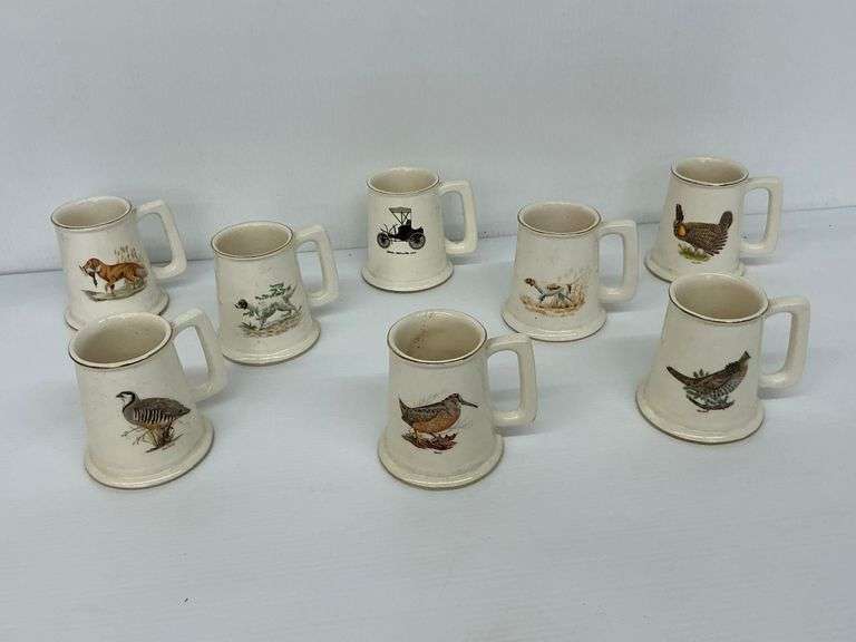 Set of Eight Tankard Style Mugs with Dog and Bird Designs image