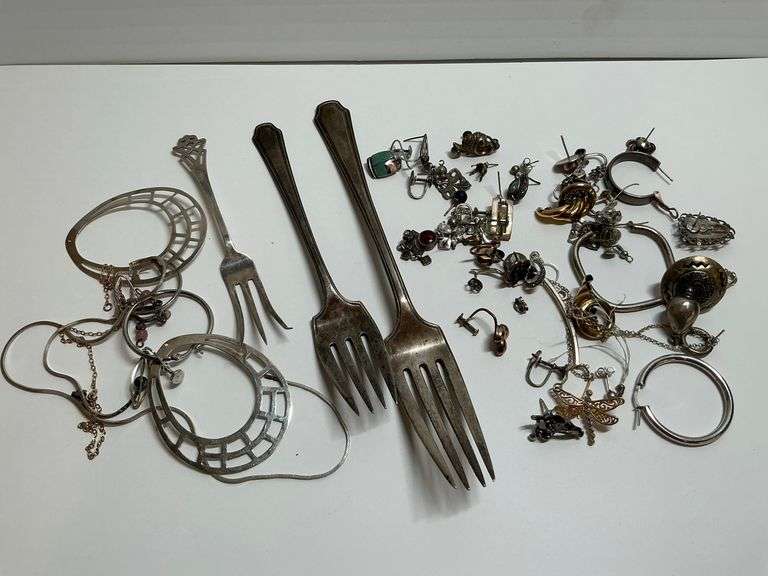Sterling Silver Forks and Assorted Sterling Jewelry Lot image