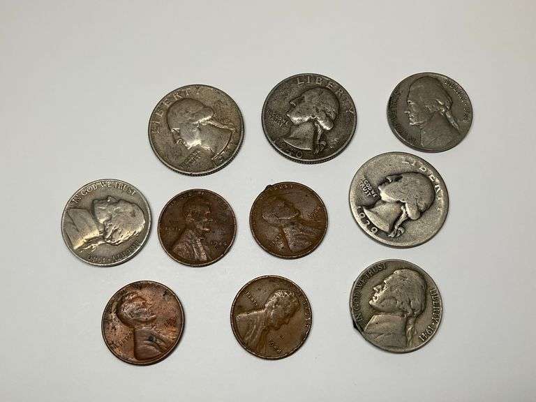 Assorted U.S. Coins - Silver Quarters, 1940s Nickels, and Wheat Pennies image