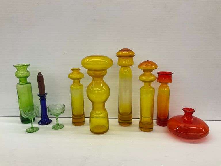 Colored Glass Vases, Bottles, Candle Holder, and Goblets image