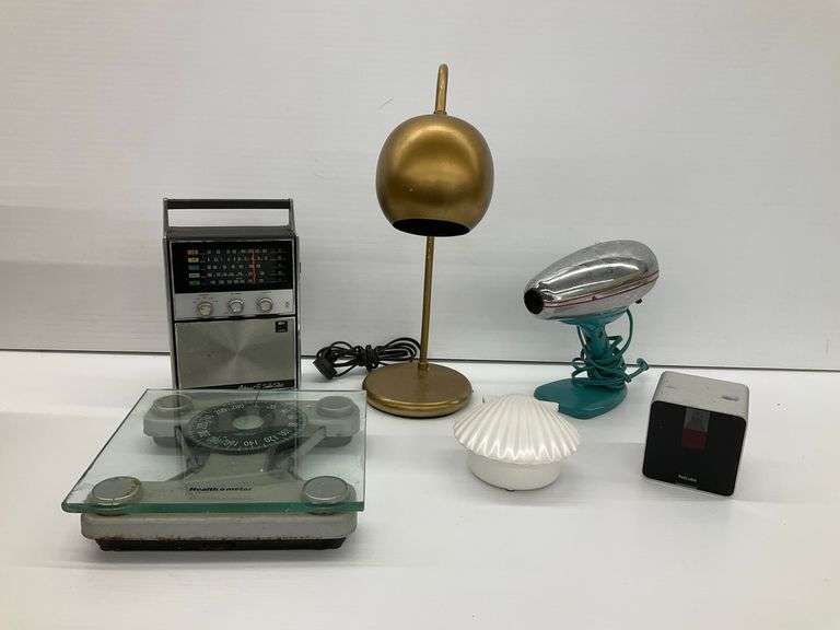 Variety of Home Goods: Lamp, Radio, Hair Dryer, Scale, and More image