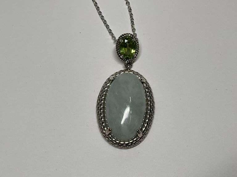Sterling Silver, 13x22mm Green Jade & Peridot 1.5 in. Pendant...18 in. Necklace image