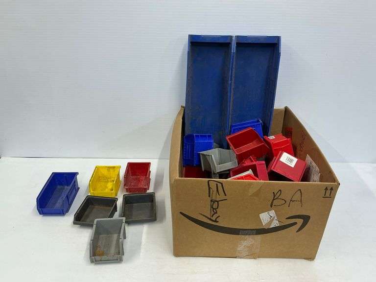 Lot of Various Sized Storage Bins - Red, Blue, Yellow, Gray image