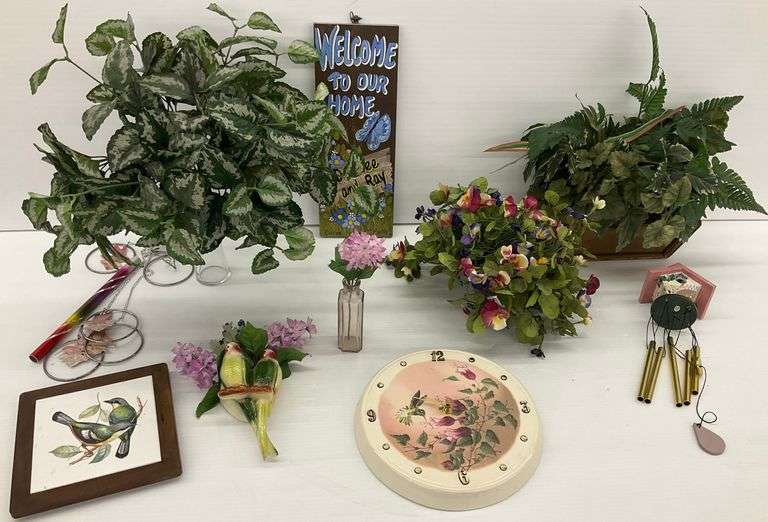 Wall Clock, Faux Floral Arrangements, Bird Themed Items and Other Home Decor image