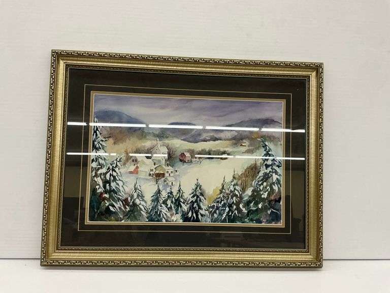 Framed Watercolor Painting of Winter Village Scene by Donald Wilson image