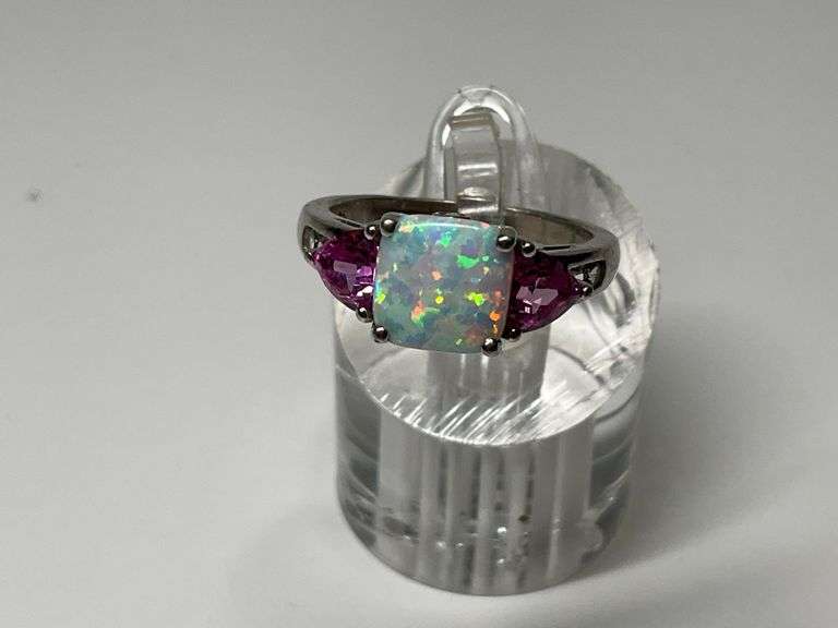 Sterling Silver Fire Opal and Pink Topaz Gemstone Ring...Size 7.5 image