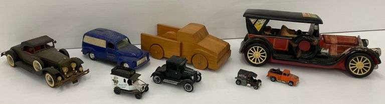 Various Model Cars: Diecast, Pressed Steel, Wooden, and Whiskey Decanter . image
