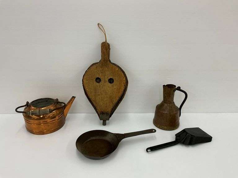 Copper Kettle, Pitcher, Bellows, and Metal Pans image