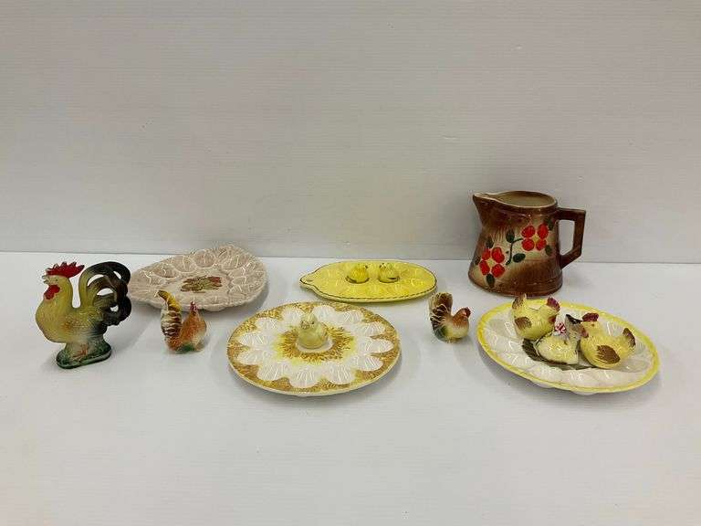Ceramic Pitcher, Egg Dishes, and Chicken Figurines Collection image