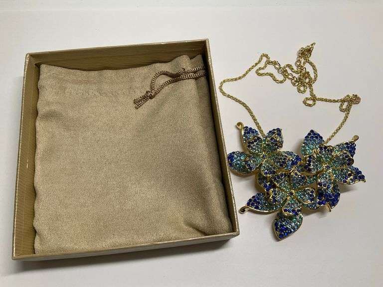OPC CN Gold-Tone Floral Brooch Necklace with Blue Rhinestone Accents image
