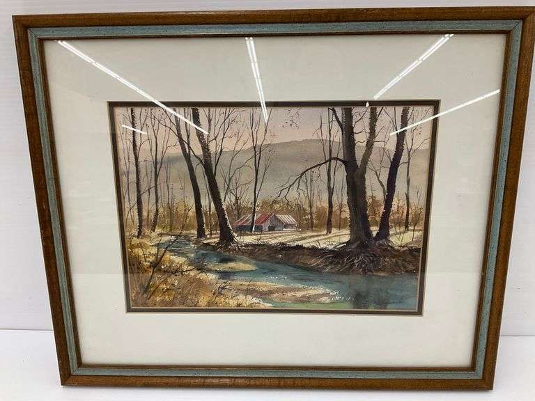 Signed Watercolor of Barn and Creek image