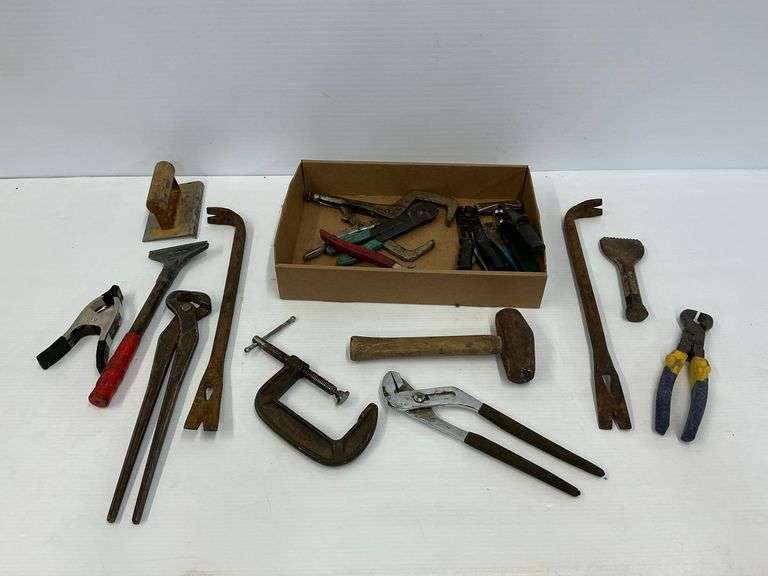 Assorted Tools - Pliers, Clamp, Hammer, Pry Bars and More image