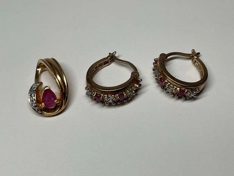 Sterling Silver Earrings and Pendant with Red and clear Stones image