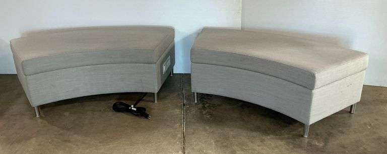 Pair of Curved Upholstered Benches... One with Built-in Power Outlets image
