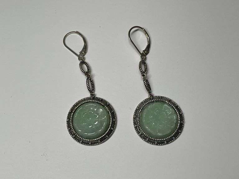 Sterling Silver, 16mm Art Carved Green Jade Leverback 2 in. Double Dangle Earrings image