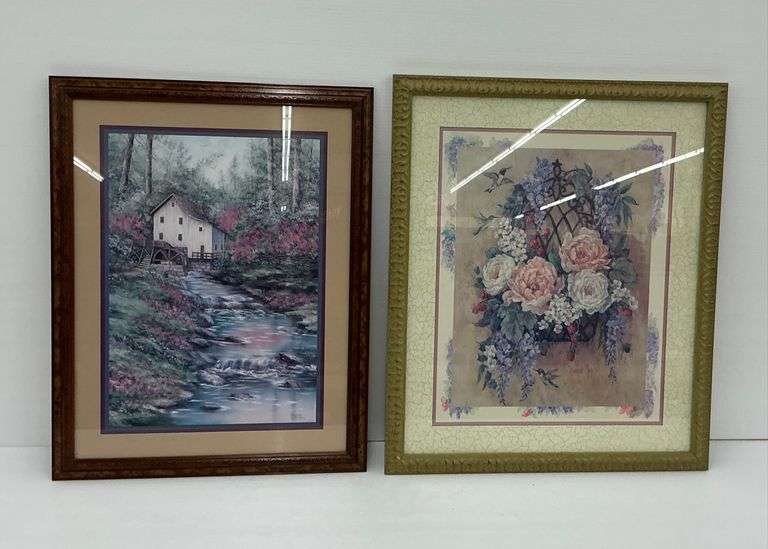 Two Framed Prints: Sherry Masters Waterfall Mill and Barbara Mock Flowers image