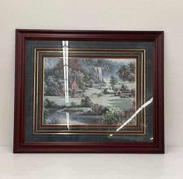 Framed Landscape Print of a House by a Waterfall image