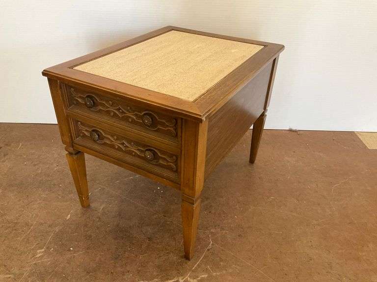 MCM Marble Top Inlay Wooden End Table with Drawer image