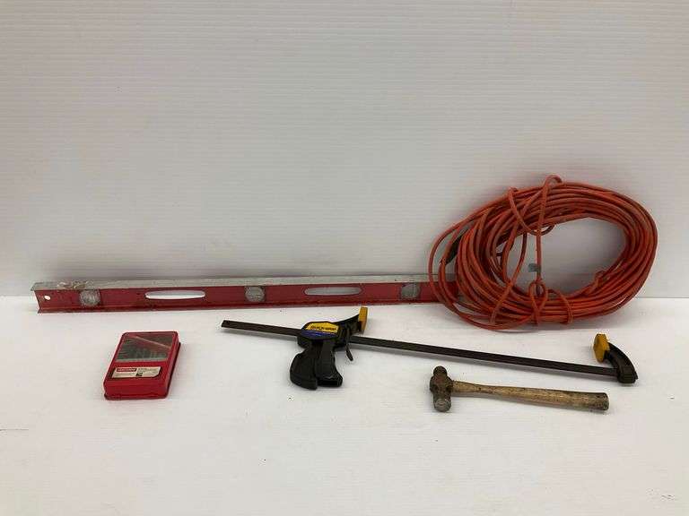 Craftsman Drill Bit Set, Quick-Grip Clamp, Hammer, Level, and Extension Cord image