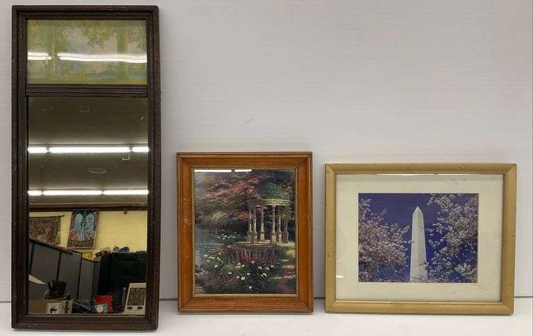 Vintage Mirror with Maxfield Parrish Artwork and Two Additional Framed Prints image