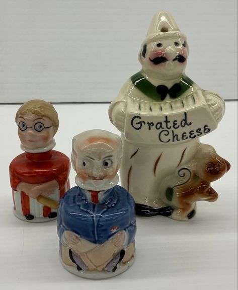 Vintage Figural Organ Grinder w/Monkey Grated Cheese Shaker and Carter's Inx "Pa" & "Ma" Ink Bottles image