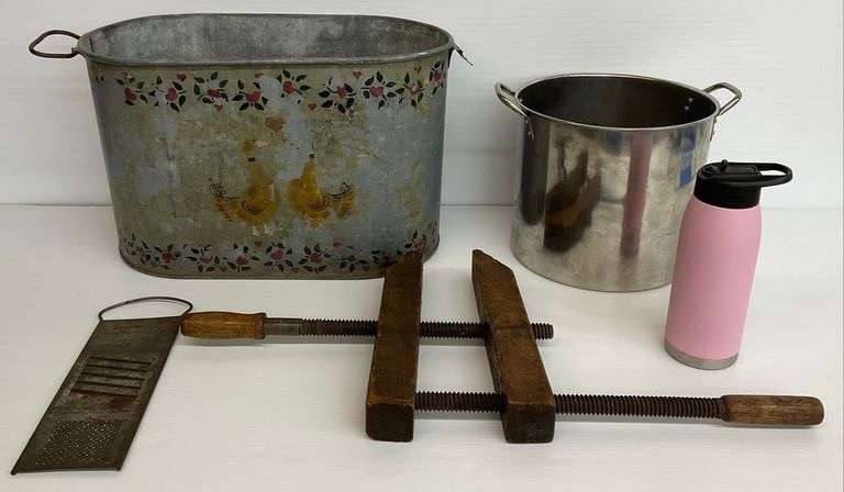 Metal Tub, Stainless Steel Stock Pot, Hydrapeak Water Bottle, Wood Clamp, and Brownell's Grater-Slicer image