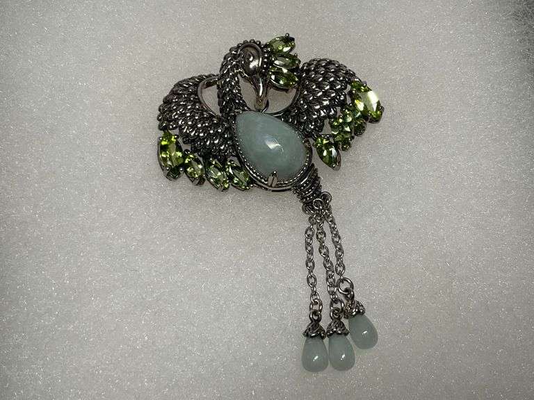Sterling Silver, Green Jade & Multi Peridot Exotic Bird Sweater Pin - 1.5 x 3.25 in. Long image
