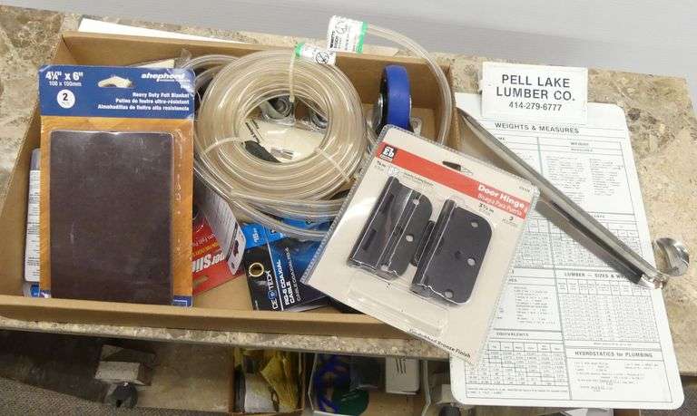 Box of Assorted Hardware and Supplies Including Door Hinges, Felt Pads, and Tubing image