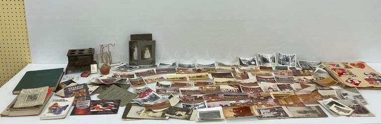 Collection of Vintage Photos, Books, & a Toy Cast Iron Stove image
