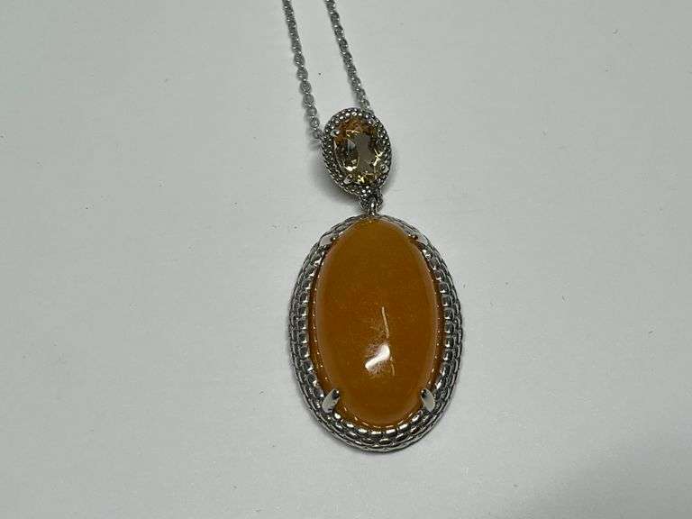 Sterling Silver 13x22mm Yellow Jade & Citrine 1.5 in. Pendant...18 in. Necklace image