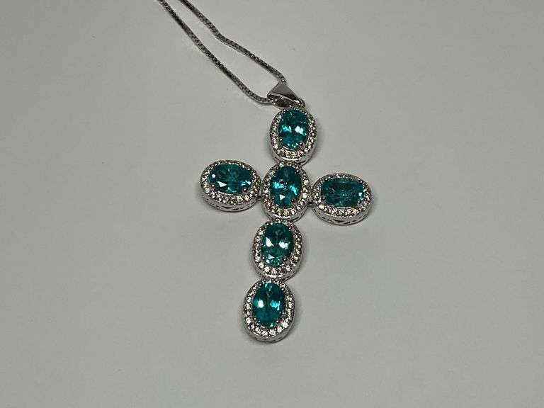 Sterling Silver Cross Pendant with Blue Stones image