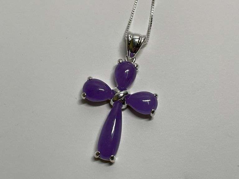 Sterling Silver Lavender Jade 1.625 in. Cross Pendant...18 in. Boxlink Necklace image