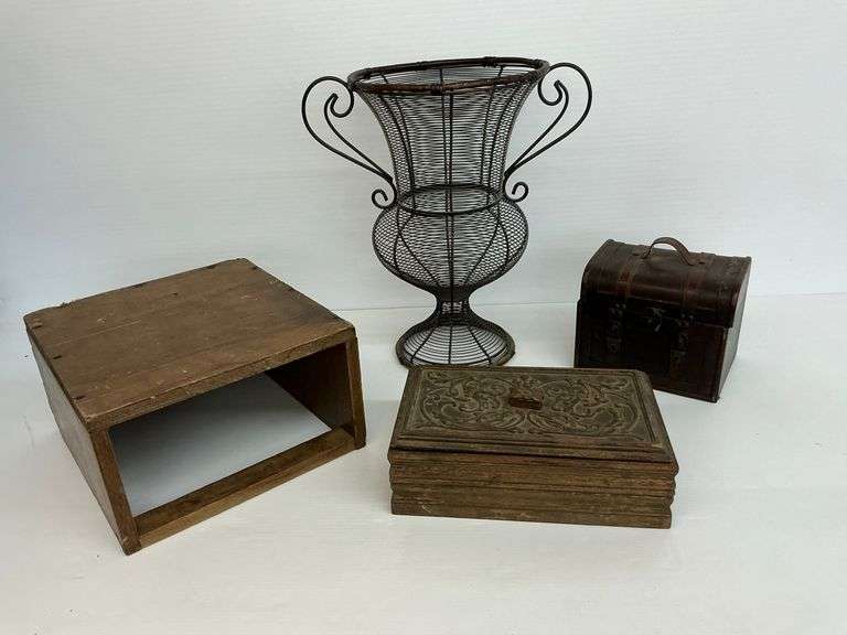 Decorative Wire Urn Vase, Wooden Boxes and Small Treasure Chest image